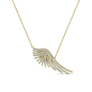 Gabriel & Co. NK5349Y45JJ 14 karat yellow gold Kaslique necklace, front view of the slanted wing with its fanned rows of stones