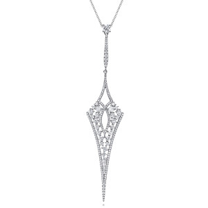 Gabriel & Co. NK5363W84JJ 18 karat white gold Kaslique necklace, close detail of the spear shaped drop, its mixed stone cluster and the pave edged outline