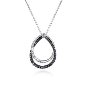 Gabriel & Co. NK5370SVJBS sterling silver Souviens necklace, front view of a hammered teardrop loop crossing a loop lined with round black stones