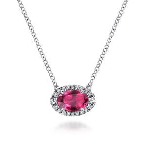 Gabriel & Co. NK5385W45RA 14 karat white gold Color necklace, front view of the sideways oval stone, its prongs and the halo of small diamonds