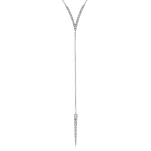 Gabriel & Co. NK5404W45JJ 14 karat white gold Kaslique necklace, front view of the V of diamonds and the tapering spike at the end of the drop