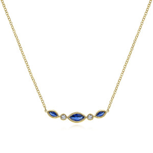 Gabriel & Co. NK5420Y45SA 14 karat yellow gold Color necklace, front view of the blue marquise stones alternating with round colorless stones in beaded bezels