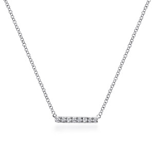 Gabriel & Co. NK5422W45JJ 14 karat white gold Lusso necklace, front view of the straight bar with a single row of round diamonds