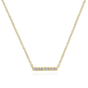 Gabriel & Co. NK5422Y45JJ 14 karat yellow gold Lusso necklace, front view of the straight bar and its single row of prong set diamonds