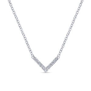 Gabriel & Co. NK5423W45JJ 14 karat white gold Kaslique necklace, front view of a V shaped bar with one line of prong set round stones