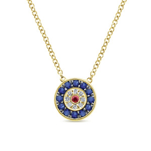 Gabriel & Co. NK5426Y45MC 14 karat yellow gold Color necklace, front view of the round disc, its red middle stone and rings of diamonds and blue stones
