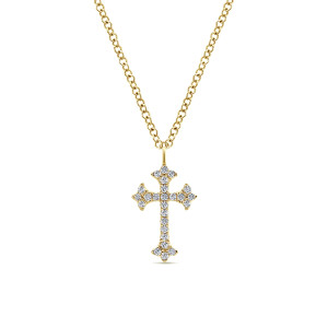 Gabriel & Co. NK5428Y45JJ 14 karat yellow gold Kaslique necklace, front view of the flared tip cross with diamond clusters at each end and its loop bail