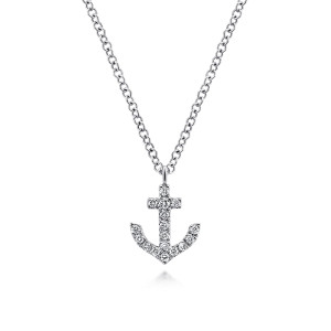 Gabriel & Co. NK5437W45JJ 14 karat white gold Lusso necklace, front view of the anchor with diamonds along its shaft, crossbar and curved arms
