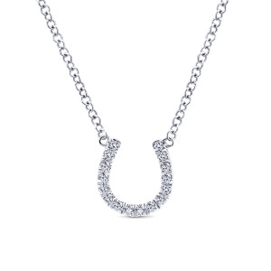 Gabriel & Co. NK5438W45JJ 14 karat white gold Lusso necklace, front view of the open U curve of diamonds with both tips joined to the chain