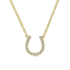 Gabriel & Co. NK5438Y45JJ 14 karat yellow gold Lusso necklace, front view of the open horseshoe with its row of stones and a ring at each tip