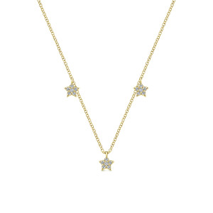 Gabriel & Co. NK5442Y45JJ 14 karat yellow gold Kaslique necklace, front view of the three diamond set stars dangling from tiny loops on the fine chain
