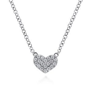 Gabriel & Co. NK5450W45JJ 14 karat white gold Lusso necklace, front view of a pave heart with angled rows of diamonds and a ring at each lobe