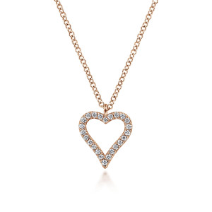 Gabriel & Co. NK5452K45JJ 14 karat rose gold Lusso necklace, front view of an open heart with a pointed tip and one row of small diamonds