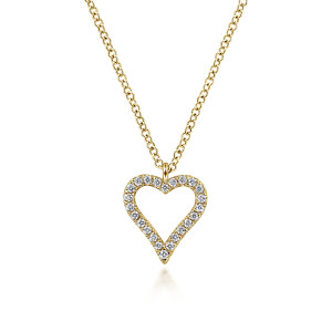 Gabriel & Co. NK5452Y45JJ 14 karat yellow gold Lusso necklace, front view of the open heart, its line of pave diamonds running down to the point