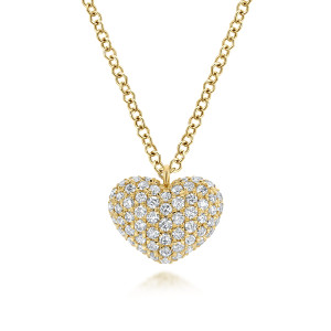 Gabriel & Co. NK5562Y45JJ 14 karat yellow gold Lusso necklace, front view of the domed heart, its face paved edge to edge with diamonds