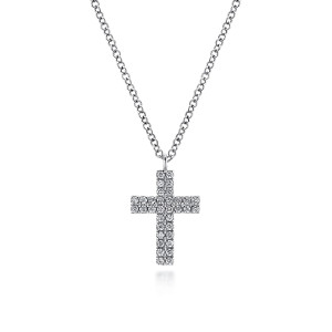 Gabriel & Co. NK5564W45JJ 14 karat white gold Lusso necklace, front view of the straight cross arms covered in two rows of pave stones