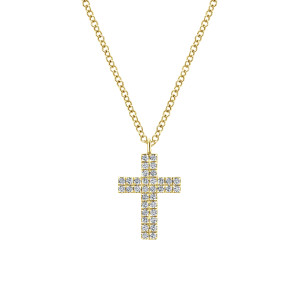 Gabriel & Co. NK5564Y45JJ 14 karat yellow gold Lusso necklace, front view of the cross with double rows of pave diamonds and flat ends