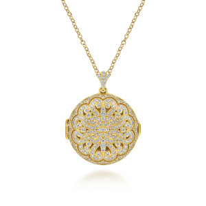 Gabriel & Co. NK5573Y45JJ 14 karat yellow gold Lusso necklace, front view of the round locket with its scroll pattern and diamond rim