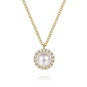 Gabriel & Co. NK5619Y45PL 14 karat yellow gold Color necklace, front view of the domed pearl, its diamond halo and plain bail