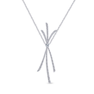 Gabriel & Co. NK5637W84JJ 18 karat white gold Lusso necklace, front view of fanned pave bars gathered at a round diamond on a fine chain