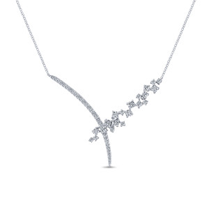Gabriel & Co. NK5657W84JJ 18 karat white gold Waterfall necklace, front view of the curved pave bar crossed by scattered prong set diamonds