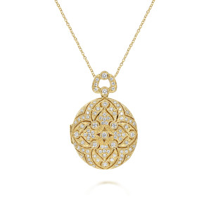 Gabriel & Co. NK5688Y45JJ 14 karat yellow gold Victorian necklace, front view of the pierced scrollwork face and the looped pave bail