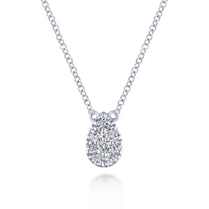 Gabriel & Co. NK5706W45JJ 14 karat white gold Lusso necklace, front view of the packed pear cluster with the chain joined at both upper corners