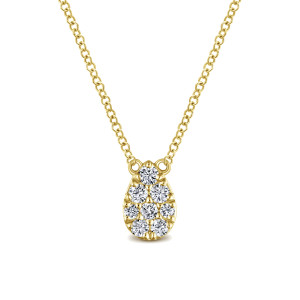 Gabriel & Co. NK5706Y45JJ 14 karat yellow gold Lusso necklace, close detail of the teardrop cluster with its prong set round diamonds and two shoulder loops
