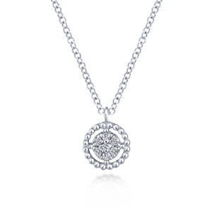 Gabriel & Co. NK5723W45JJ 14 karat white gold Bujukan necklace, front view of the beaded metal ring around the round diamond cluster, with its plain top loop