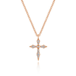 Gabriel & Co. NK5728K45JJ 14 karat rose gold Kaslique necklace, front view of the cross with its pointed arm tips and bezel set stone at the crossing