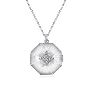 Gabriel & Co. NK5729SVJWS sterling silver Contemporary necklace, front view of the brushed face with its four pointed stone plate and ringed bail