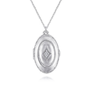 Gabriel & Co. NK5731SVJWS sterling silver Contemporary necklace, front view of the satin oval face, twisted cord border and kite of small stones