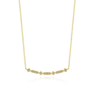 Gabriel & Co. NK5732Y45JJ 14 karat yellow gold Kaslique necklace, front view of the alternating kite and elongated links with their notched borders