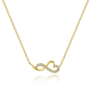 Gabriel & Co. NK5736Y45JJ 14 karat yellow gold Contemporary necklace, front view of the infinity ribbon, its heart shaped lobe and the line of small round diamonds