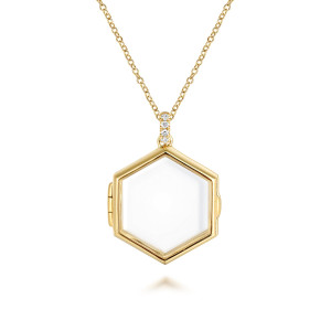 Gabriel & Co. NK5739Y45GL 14 karat yellow gold Contemporary necklace, front view of the six sided frame with a clear glass face and a diamond bail