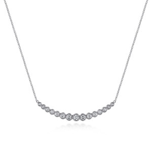 Gabriel & Co. NK5798W45JJ 14 karat white gold Lusso necklace, front view of a curve of bezel set stones rimmed with milgrain