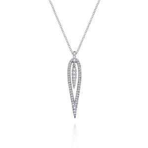 Gabriel & Co. NK5814W45JJ 14 karat white gold Kaslique necklace, front view of the pointed diamond teardrop frame with the tapered dangle inside
