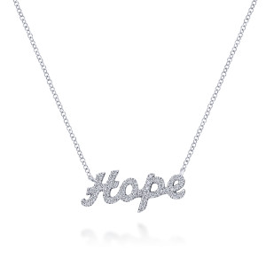 Gabriel & Co. NK5817W45JJ 14 karat white gold Hope necklace, front view of the cursive script word covered in pave set stones