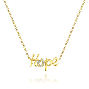 Gabriel & Co. NK5818Y45JJ 14 karat yellow gold Hope necklace, front view of the flowing script word with its round middle letter outlined in diamonds