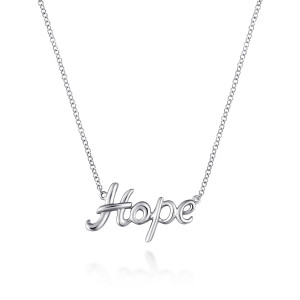Gabriel & Co. NK5819SVJJJ sterling silver Hope necklace, front view of the cursive word with its extended crossbar and rounded polished strokes