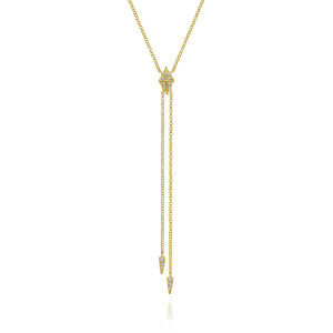 Gabriel & Co. NK5823Y45JJ 14 karat yellow gold Contemporary necklace, front view of the kite top and the two hanging chains ending in stone-set spikes