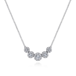 Gabriel & Co. NK5825W45JJ 14 karat white gold Lusso necklace, front view of the graduated halo clusters, each ringed by smaller stones, on the fine chain