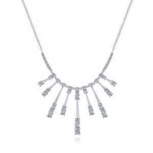 Gabriel & Co. NK5887W84JJ 18 karat white gold Lusso necklace, front view of the fringe of tapered spikes and the curved pave bars