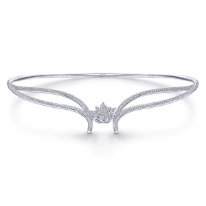 Gabriel & Co. NK5903W84JJ 18 karat white gold Waterfall necklace, front view of the two diamond lined bands curving around the petal like cluster