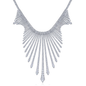 Gabriel & Co. NK5905W84JJ 18 karat white gold Kaslique necklace, front view of the graduated bars narrowing to a pointed center with stepped sides