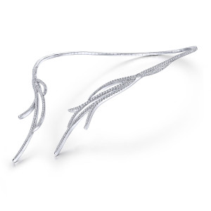 Gabriel & Co. NK5912W84JJ 18 karat white gold Kaslique necklace, angled view of the open collar laid flat with swept pave blades at each end