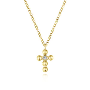 Gabriel & Co. NK5935Y45JJ 14 karat yellow gold Bujukan necklace, front view of the bead armed cross, its bezel set diamond and the narrow bail