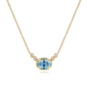 Gabriel & Co. NK5937Y45BT 14 karat yellow gold Hampton necklace, front view of the blue oval in its twisted border with small bezel stones on each side