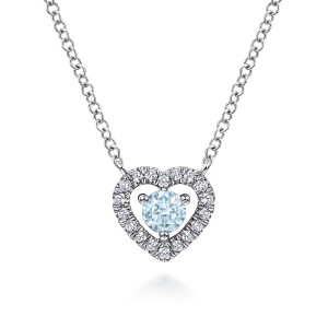 Gabriel & Co. NK5981W45AQ 14 karat white gold Color necklace, front view of the open heart outline holding a round blue stone on three prongs