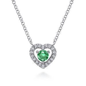 Gabriel & Co. NK5981W45EA 14 karat white gold Color necklace, front view of the open heart outline and the green round stone on three prongs